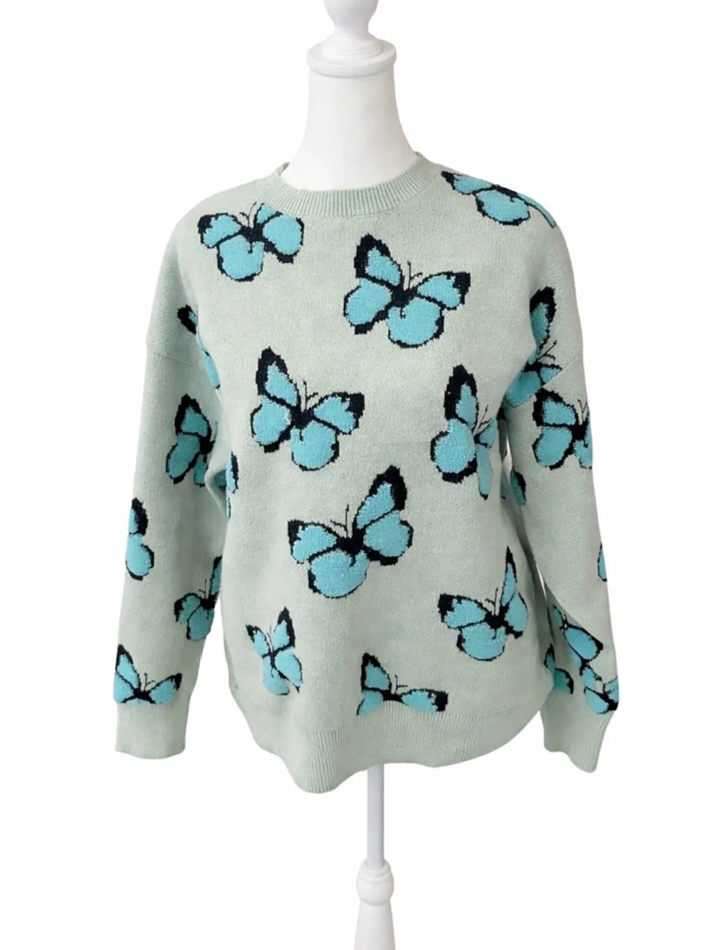 Butterfly Pattern Mint Blue Crewneck Sweater - Picture 1 of 3